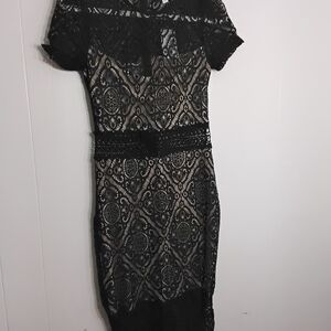 Socialite Black Lace Mini Dress with Nude Underlay